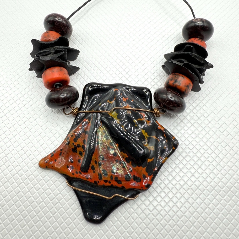 Vintage Brutalist Chunky Pendant Porcelain & Wood Necklace w/ Adjustable Cord